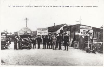 Police and customs officers on duty at the border customs station at Killeen near Newry, c.1922.
