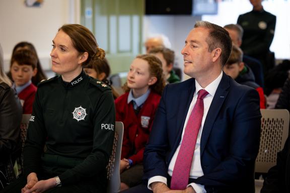 Pictured at the event in Dromore Town Hall are District Commander, Chief Superintendent Kellie McMillan and Education Minister Paul Givan.