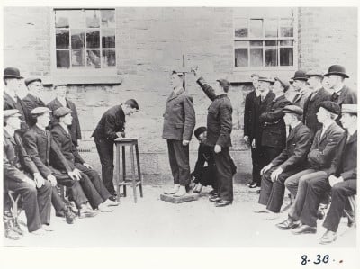 Measuring recruits at the RIC Depot in Phoenix Park, Dublin, 1903.