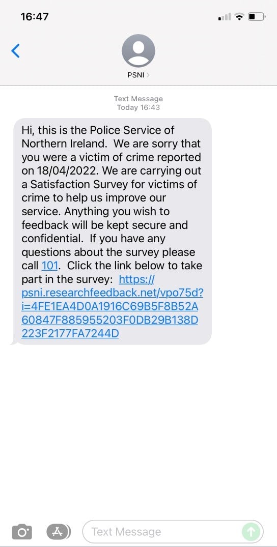 Image of text message for victim survey
