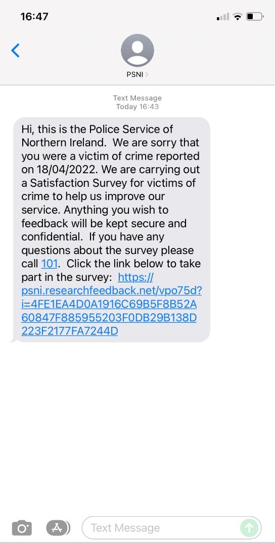 Image of text message for victim survey