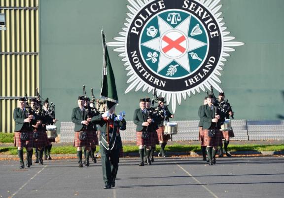 Police Service Pipe and drums band taking part in the 100 years of policing event