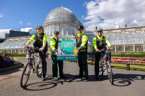 Officers from South Belfast Neighbourhood Policing Team at the launch of the Student Safety Campaign. The campaign aims to encourage safe and respectful behaviour and provide an opportunity for students to learn more about their local police.