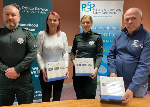 Inspector Luke Moyne, Corneila Tate, Lead Domestic and Sexual Abuse advocate, Assist NI; Constable Rebecca Nelson, and Derry & Strabane PCSP Manager Dermot Harrigan. 