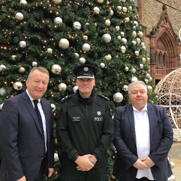Jim Roddy, City Centre Manager, Derry City & Strabane Area Commander, Chief Superintendent Nigel Goddard and Chair of the Derry and Strabane Policing and Community Safety Partnership Alderman Darren Guy
