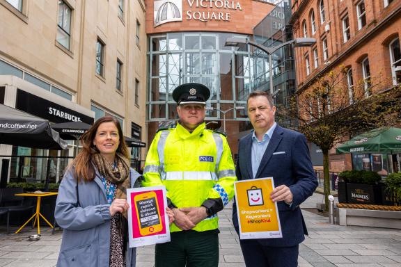 Showing their support for ShopKind Week are, from left to right: Eimear McCracken, Operations Manager of Belfast One BID, Police Service of Northern Ireland Business Crime lead Chief Superintendent Darrin Jones, and Chief Executive of Retail NI, Glyn Roberts.