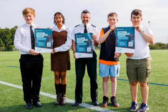 Pictured L-R: Oliver Mercer, Northern Ireland Youth Assembly Esla Ibrahim, Voice of Young People in Care (VOYPIC) Assistant Chief Constable, Bobby Singleton Brandan Magee, Voice of Young People in Care (VOYPIC) Eoin McAlpine, Northern Ireland Youth Assembly