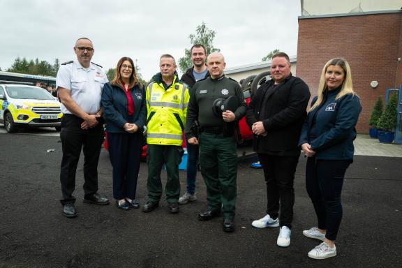 Pictured at the PSNI Roadsafe Roadshow are (from left) Rory Dumigan, Northern Ireland Fire and Rescue Service, Stevie Grainger, Axa, John Amos, Northern Ireland Ambulance Service, Neill McKee, Chief Inspector Graham Dodds, Cool FM DJ Ryan A and Julieann Martindale from AXA.