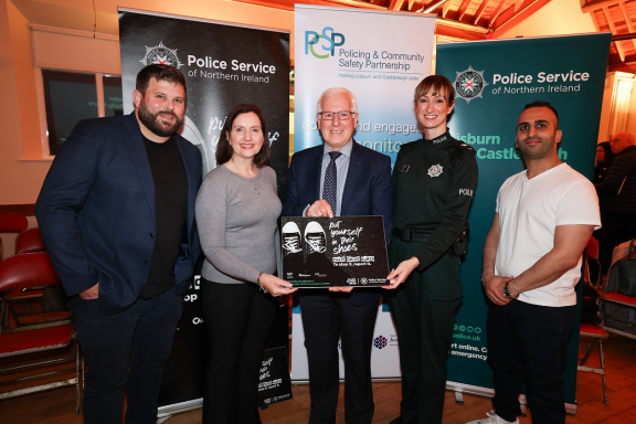 Michael Avila, Hate Crime Advocacy Service Manager, Yvonne Craig, Vice Chair LCCC PCSP, Cllr Alan Givan, Chair LCCC PCSP & Supt Kelly Moore, District Commander, Lisburn & Castlereagh