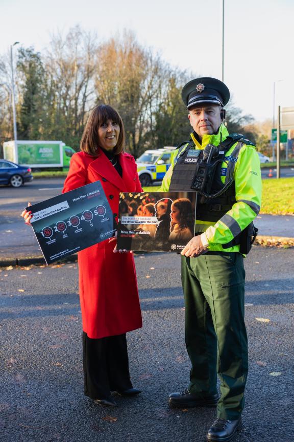 Chief Superintendent Sam Donaldson, Operational Support Department pictured with Lynda Hurley, Head of Road Safety Promotion at the Department of Infrastructure at the launch of the Police Service of Northern Ireland’s 2023/2024 winter anti-drink and drug drive operation.