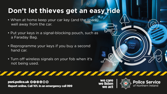 Don’t let thieves get an easy ride.  - When at home keep your car (and the spare key) well away from the car. - Put your keys in a signal-blocking pouch, such as a Faraday Bag. - Reprogramme your keys if you buy a second hand car. - Turn off wireless signals on your fob when it’s not being used