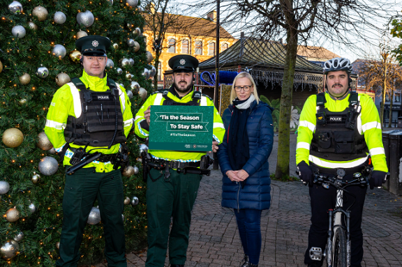 Constable McMahon, Sergeant Johnston, Vanessa Russell, Derry and Strabane PCSP manager and Constable Stafford in Strabane town centre.