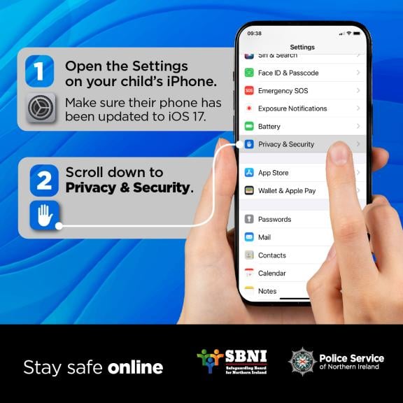 1. Open the Settings on your child’s iPhone. Make sure their phone has been updated to iOS 17. 2. Scroll down to Privacy & Security.