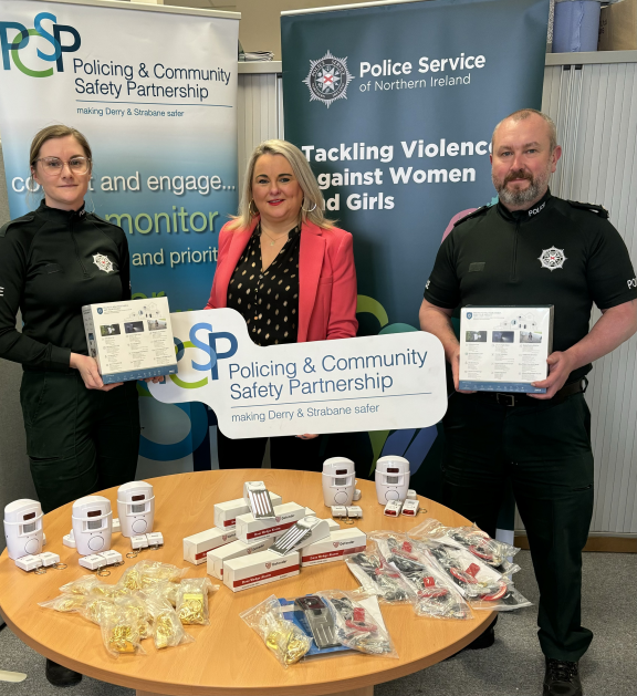 Constable Rebecca Nelson, Derry and Strabane PCSP Chair, Councillor Sandra Duffy and Chief Inspector Luke Moyne