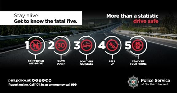 Stay alive. Get to know the fatal five. More than a statistic. Drive safe. 1. Don't drink and drive. 2. Slow down. 3. Don't get careless. 4. Belt up. 5. Stay off your phone.