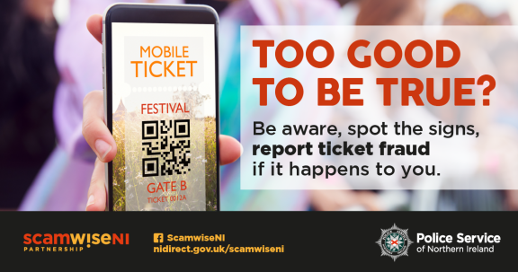 Mobile phone showing a QR code with the words too good to be true, be aware, spot the signs, report ticket fraud if it happens to you.