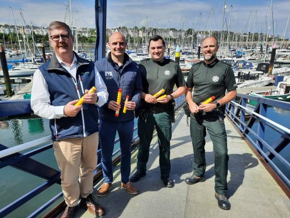 Bangor Harbour will be one location for the marine flare disposal day on Saturday, 15th June. Pictured are (from left) Bangor Harbour Master Kevin Baird, Greg Yarnall of the Royal Yachting Association NI, Constable Wayne Robinson and Inspector Stephen Burke.