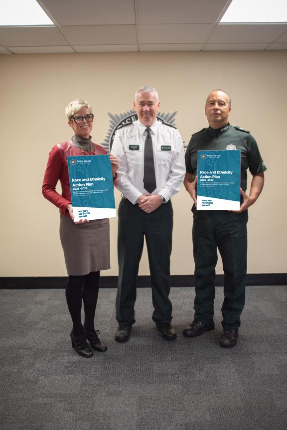Chief Constable Jon Boutcher, Assistant Chief Officer People and Organisational Development, Clare Duffield, and Ethic Minority Police Association Chair, Sergeant Richard Williams pictured with the consultation document.