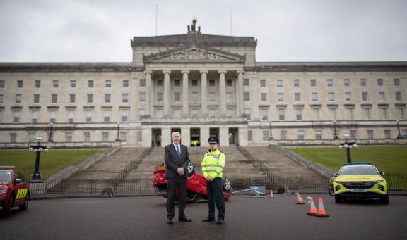 Chief Superintendent Sam Donaldson and Department for Infrastructure Minister John O’Dowd at the Police Service of Northern Ireland Road Safe Road Show at Stormont.