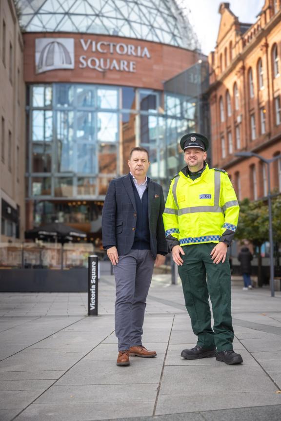 Retail NI Chief Executive Glynn Roberts and Superintendent Allister Hagan from the Police Service of Northern Ireland launch the national week of action on business crime, with a series of Safer Business Action Days across Northern Ireland
