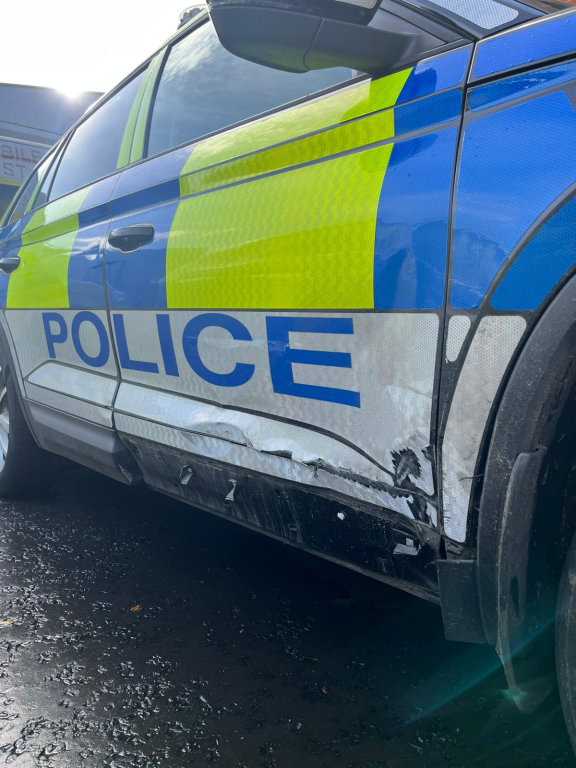 Damaged police vehicle