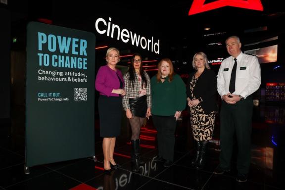 First Minister Michelle O’Neill, Eva Komuves, Justice Minister Naomi Long, Pam Cameron MLA and Chief Constable Jon Boutcher