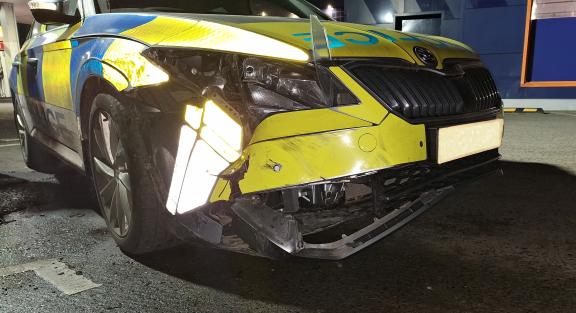 Pictured is the damage to a police vehicle following a ramming incident in Newry.