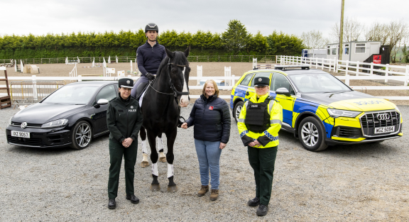Superintendent Joanne Gibson, Operation Gallop lead, Mark Robinson on Monty, Susan Spratt (BHS) and Head of Road Policing Chief Inspector Celeste Simpson. Photo courtesy of Parkway Photography