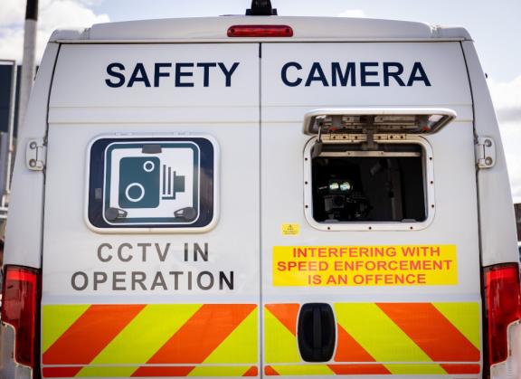 Northern Ireland Road Safety Van. Text on vehicle reads: safety camera. CCTV in operation