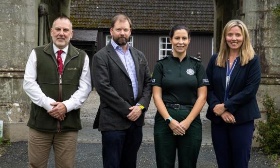 Tommy Mayne (BASC NI Director), Lord Hamilton (President of BASC), Sergeant Lauren Griffiths (PSNI Neighbourhood Policing) and Emma Meredith (PSNI Wildlife and Animal Welfare Officer).