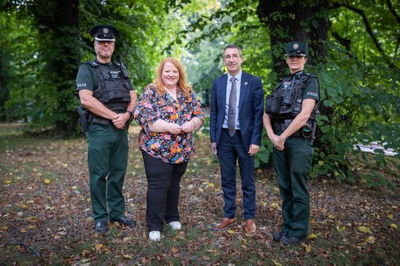 Superintendent Johnston McDowell, Justice Minister Naomi Long, Agriculture, Environment and Rural Affairs Minister Andrew Muir and Constable Emma Smyth launch Rural Crime Week NI 2025