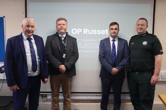  Guidance :&nbsp;Caption: Garda Detective Superintendent John O’Flaherty, Co-Chair of the Cross Border JATF; Detective Chief Inspector Paul McGrattan of the PSNI; Detective Superintendent Joe O’Reilly, Garda National Drugs and Organised Crime Bureau and PSNI Superintendent Peter Stevenson, pictured at meeting of the JATF on rural crime.