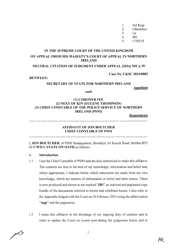 UK Supreme Court - Chief Constable Afidavit