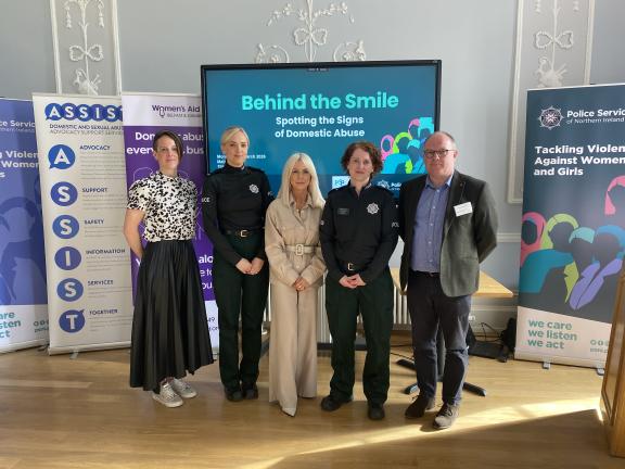 Pictured from left is Michelle Martin (Assist NI), Constable Jodie King, Diane Hickey (Women’s Aid Belfast and Lisburn), Superintendent Finola Dornan, Reverend Canon Kevin Graham (PCSP)