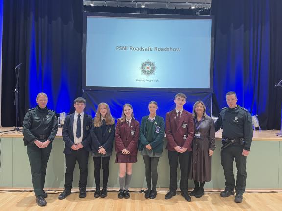 Superintendent Lynne Corbett with students from local schools, Vice-Principal of Shimna College Karen Caulfield and Newcastle Neighbourhood Sergeant Kenny Gracey