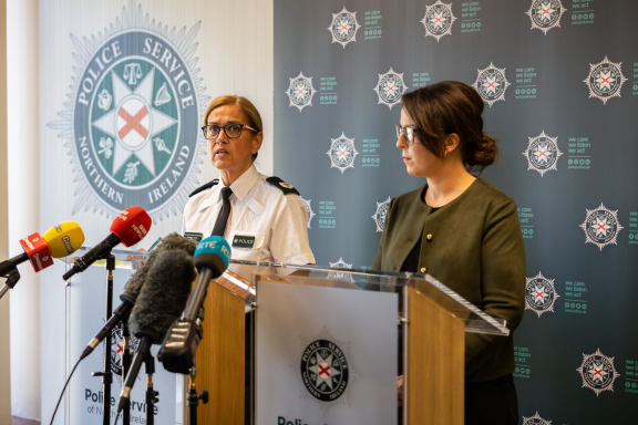 Assistant Chief Constable Melanie Jones and Infrastructure Minister Liz Kimmins at a press conference in Police Headquarters