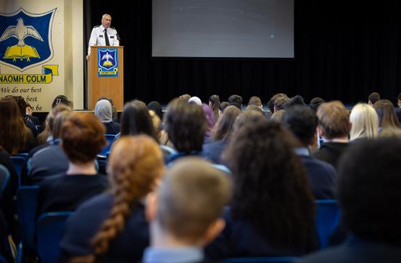Chief Constable Jon Boutcher visited St Colm’s High School in west Belfast today, Thursday 23rd April, to speak to pupils about its new health and wellbeing project which is being supported by the proceeds of crime fund. 